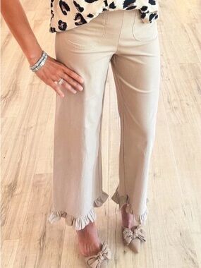 Straight Leg Ruffle Hem Pants - Beige by eesome size small #1296